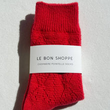 Load image into Gallery viewer, Red cashmere pointelle sock with &#39;Le Bon Shoppe&#39; label on a light gray background
