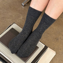 Load image into Gallery viewer, Person wearing dark gray socks on a stack of books with a brown floor background
